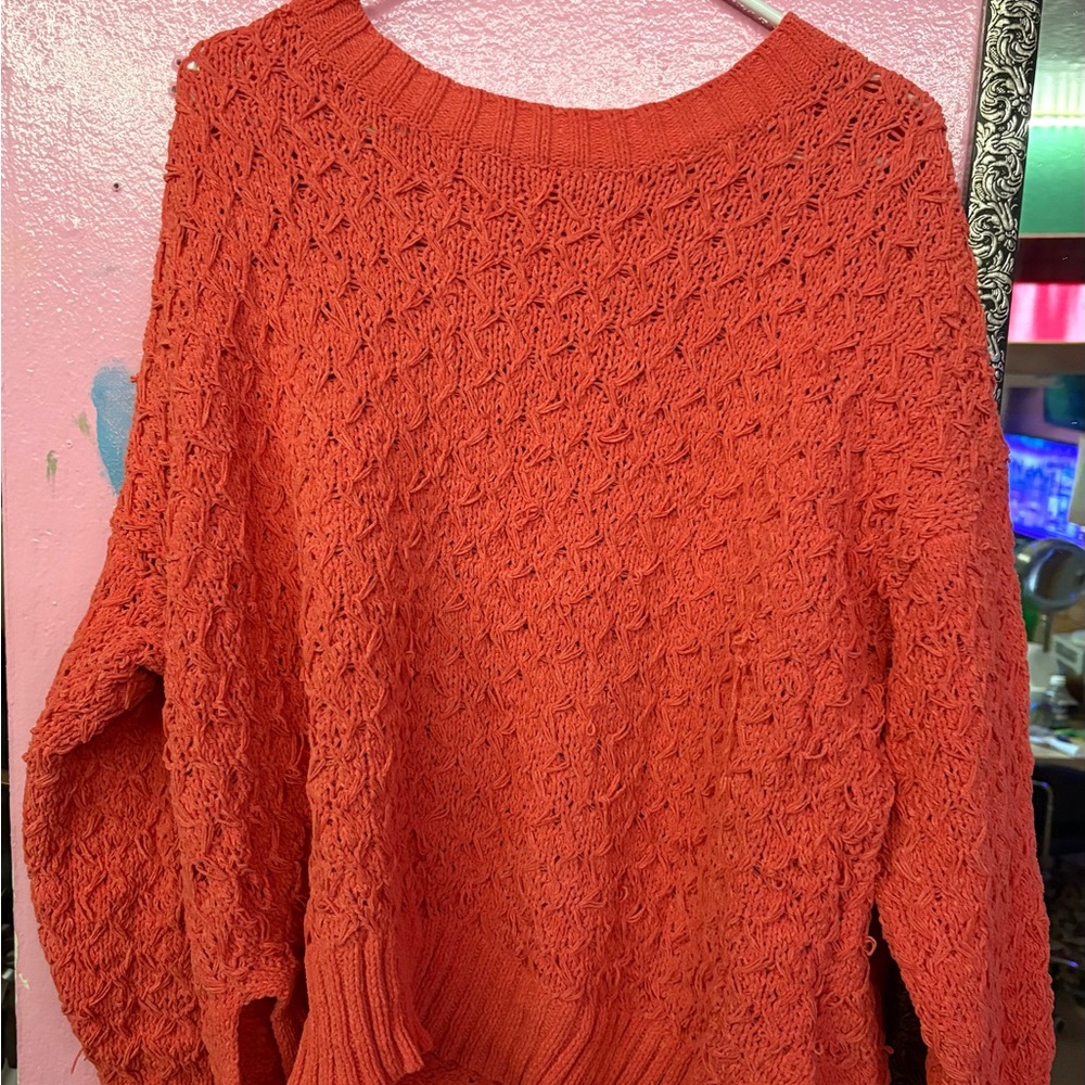 Seven7 Red Crew Neck Sweater with Textured Knit